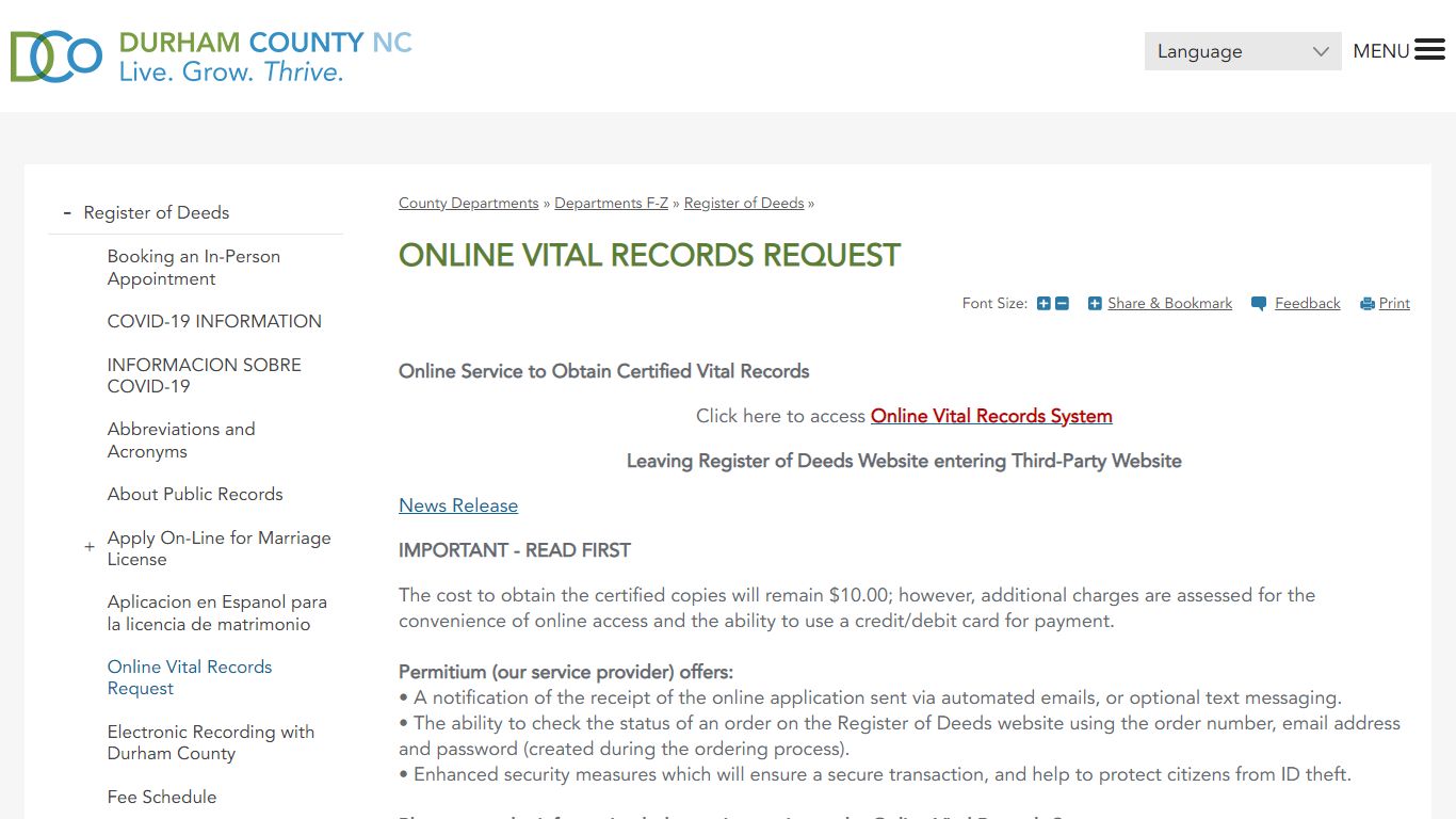 Online Vital Records Request | Durham County - DCONC