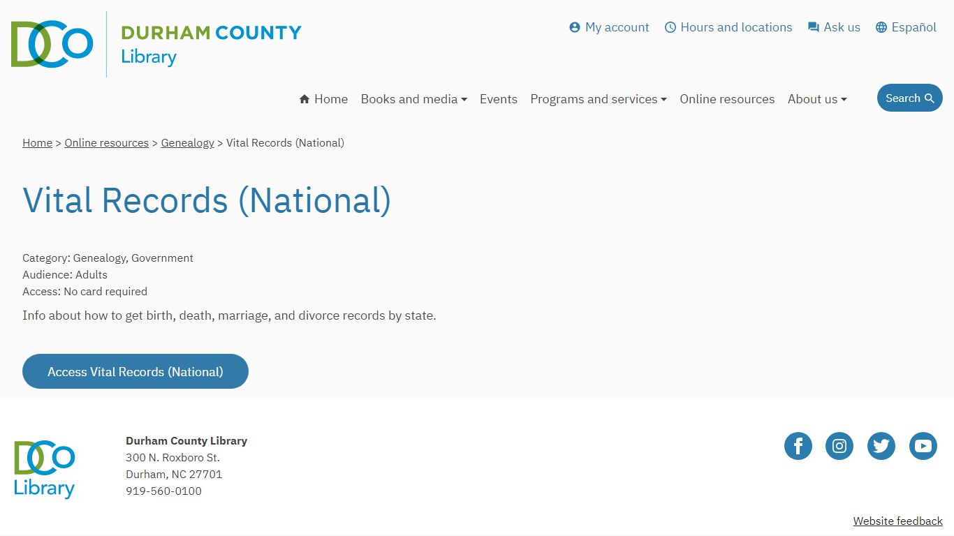 Vital Records (National) – Durham County Library
