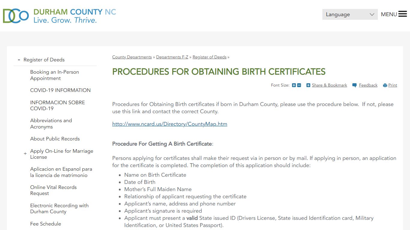 Procedures for Obtaining Birth Certificates | Durham County - DCONC